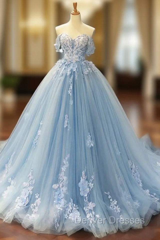 Blue Ball Gown Tulle Appliques Off The Shoulder Backless Sweet 16 Prom Dress