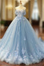 Blue Ball Gown Tulle Appliques Off The Shoulder Backless Sweet 16 Prom Dress