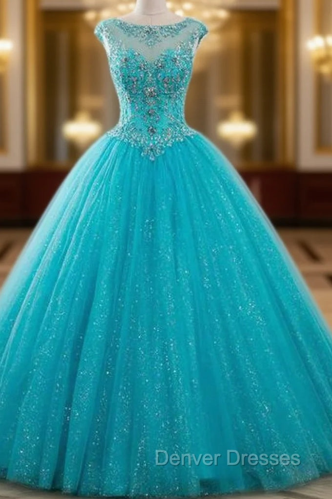 Blue Ball Gown Tulle Backless Long Quinceanera Dress With Crystal Main image