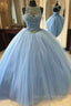 Blue Ball Gown Tulle Beaded Halter Backless Sweet 16 Prom Dress