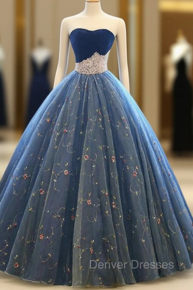 Blue Ball Gown Tulle Floor Length Strapless Princess Quinceanera Dress Main image
