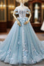 Blue Ball Gown Tulle Off The Shoulder Appliques Wedding Dress