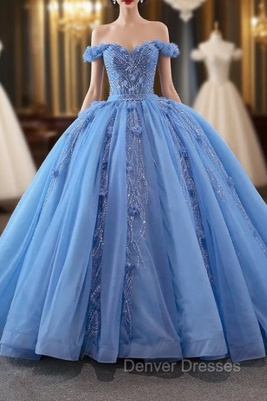 Blue Ball Gown Tulle Off the Shoulder Sequins Appliques Prom Dress Main image