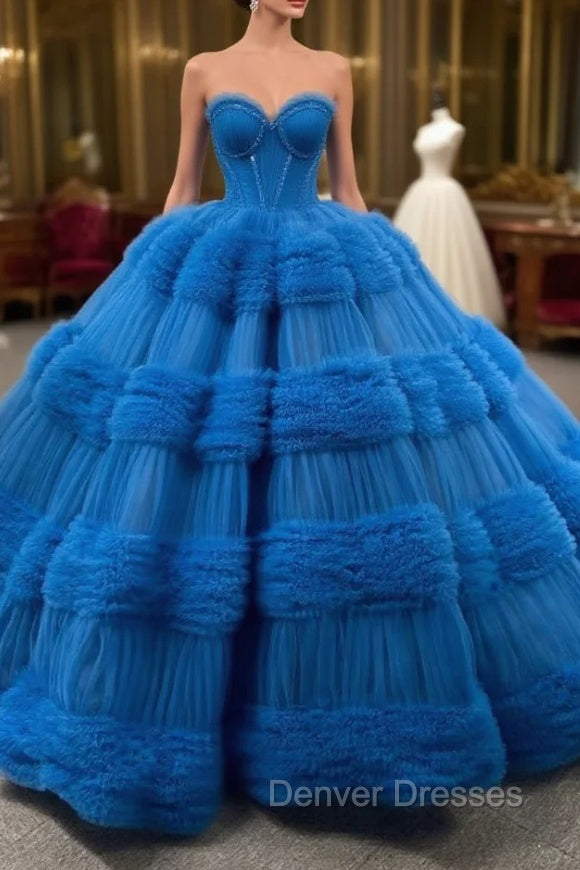 Blue Ball Gown Tulle Pink Tulle Pleats Beading Prom Dress