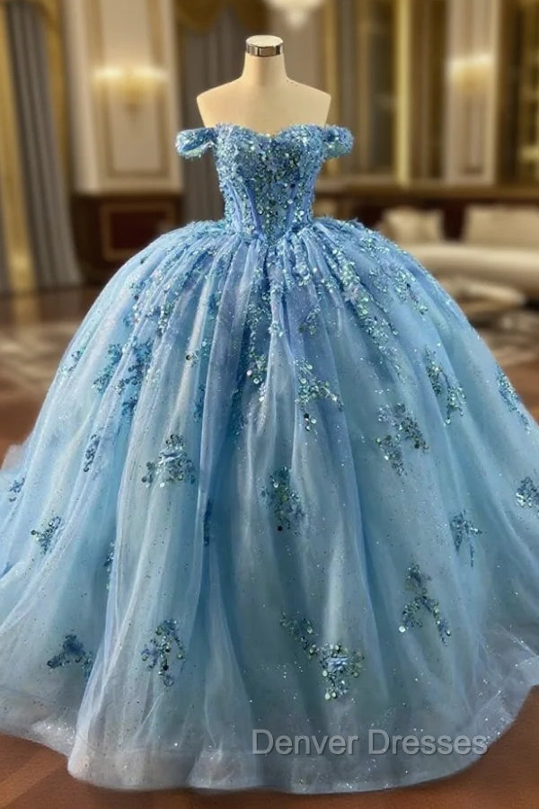 Blue Ball Gown Tulle Sequins Flower Prom Dress