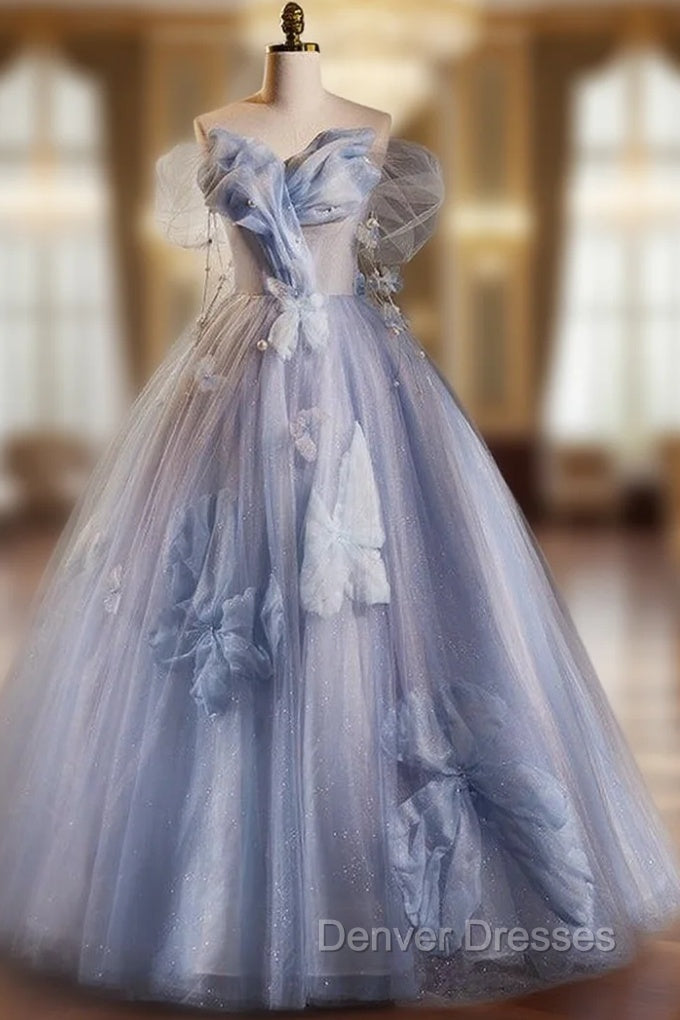Blue Ball Gown Tulle Sequins Off the Shoulder Beading Prom Dress Main image