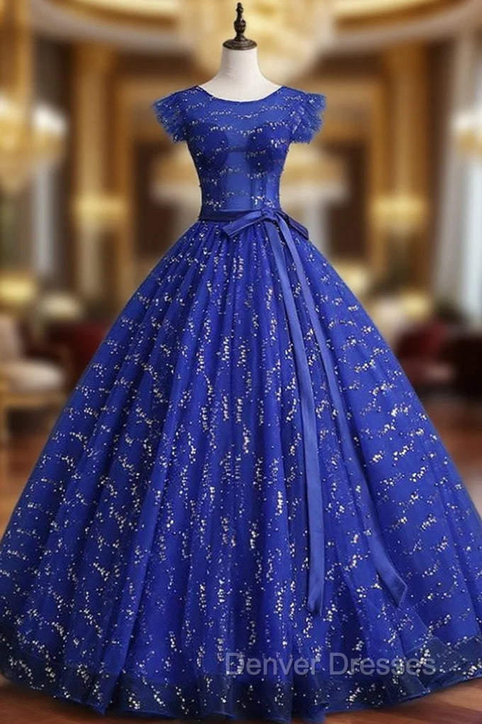 Blue Ball Gown Tulle Sequins Open Back Quinceanera Dress With Sash