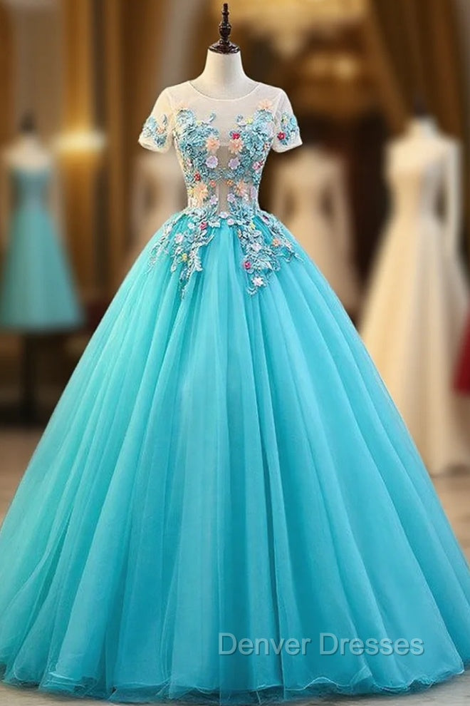 Blue Ball Gown Tulle Short Sleeve Appliques Quinceanera Dress Main image