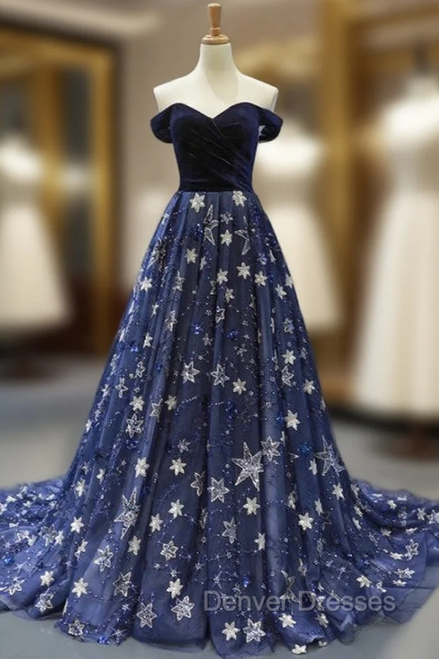 Blue Ball Gown Tulle Star Sequins Off the Shoulder Prom Dress