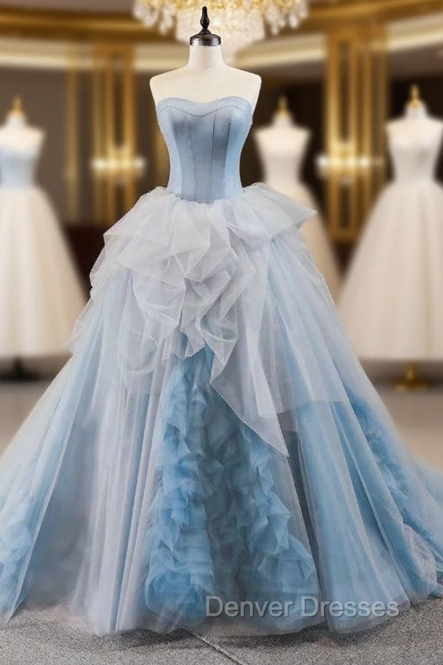 Blue Ball Gown Tulle Sweetheart Sleevelss Princess Prom Dress With Train Main image