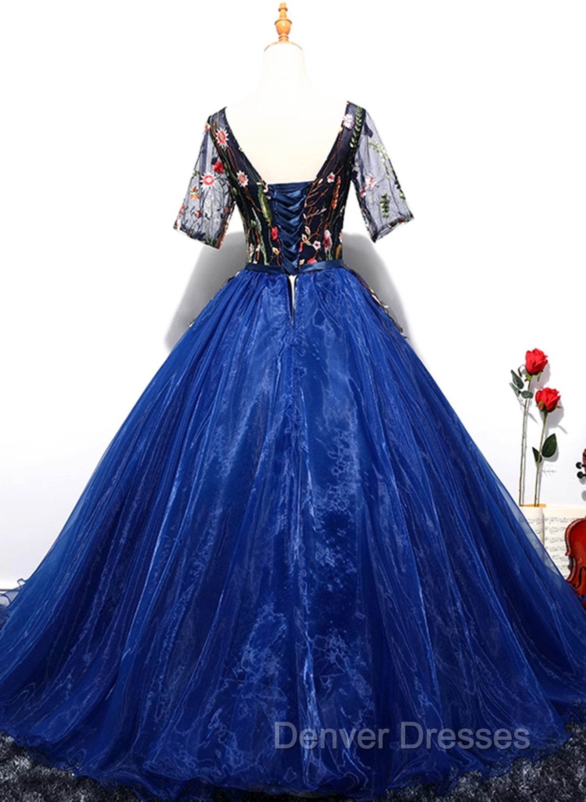 Blue Ball Gown Tulle with Lace Short Sleeves Party Dress, Blue Sweet 16 Dress Secondary image