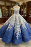 Blue Ball Gown White 3D Appliques Prom Dress