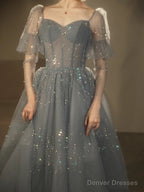 Blue Beaded A-Line Tulle Long Party Dress, Blue Evening Dress Prom Dress