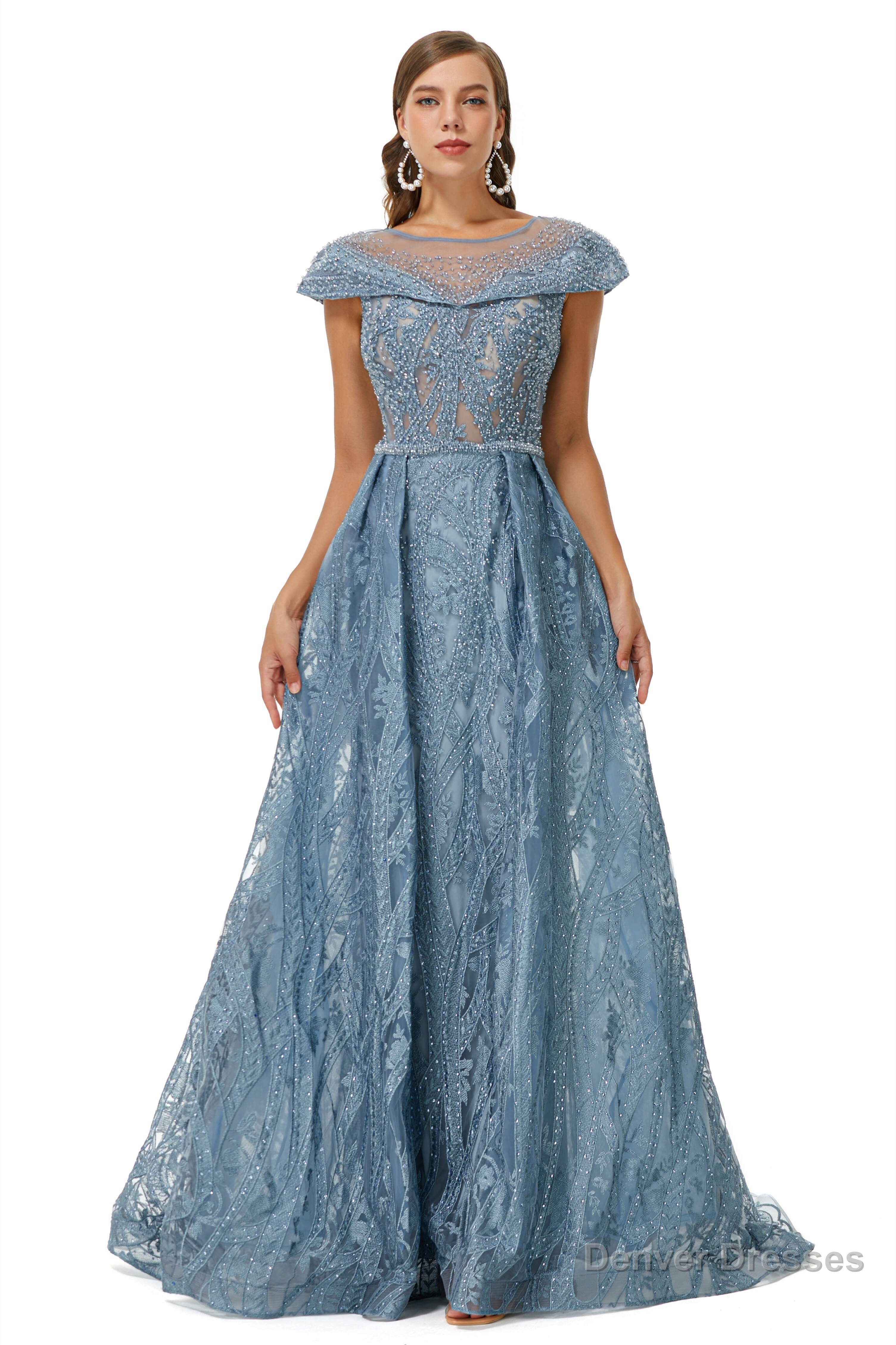 Beaded Cap Sleeves Prom Dresses with Overskirt