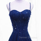 Blue Beaded Straps A-line Tulle New Prom Dress Party Dress, Blue Floor Length Party Dress