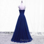 Blue Beaded Straps A-line Tulle New Prom Dress Party Dress, Blue Floor Length Party Dress