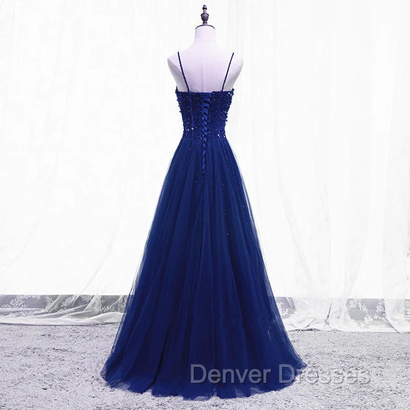 Blue Beaded Straps A-line Tulle New Prom Dress Party Dress, Blue Floor Length Party Dress