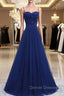 Blue Beaded Straps A-line Tulle New Prom Dress Party Dress, Blue Floor Length Party Dress