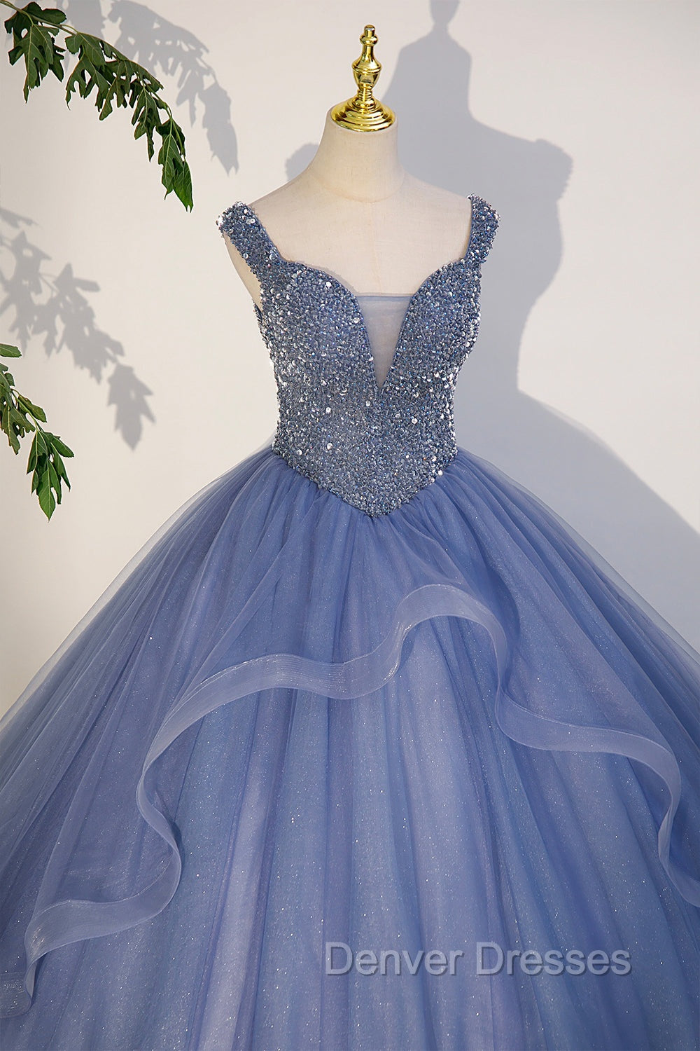 Blue Beaded Tulle Long A-Line Prom Dress, Blue Formal Dress