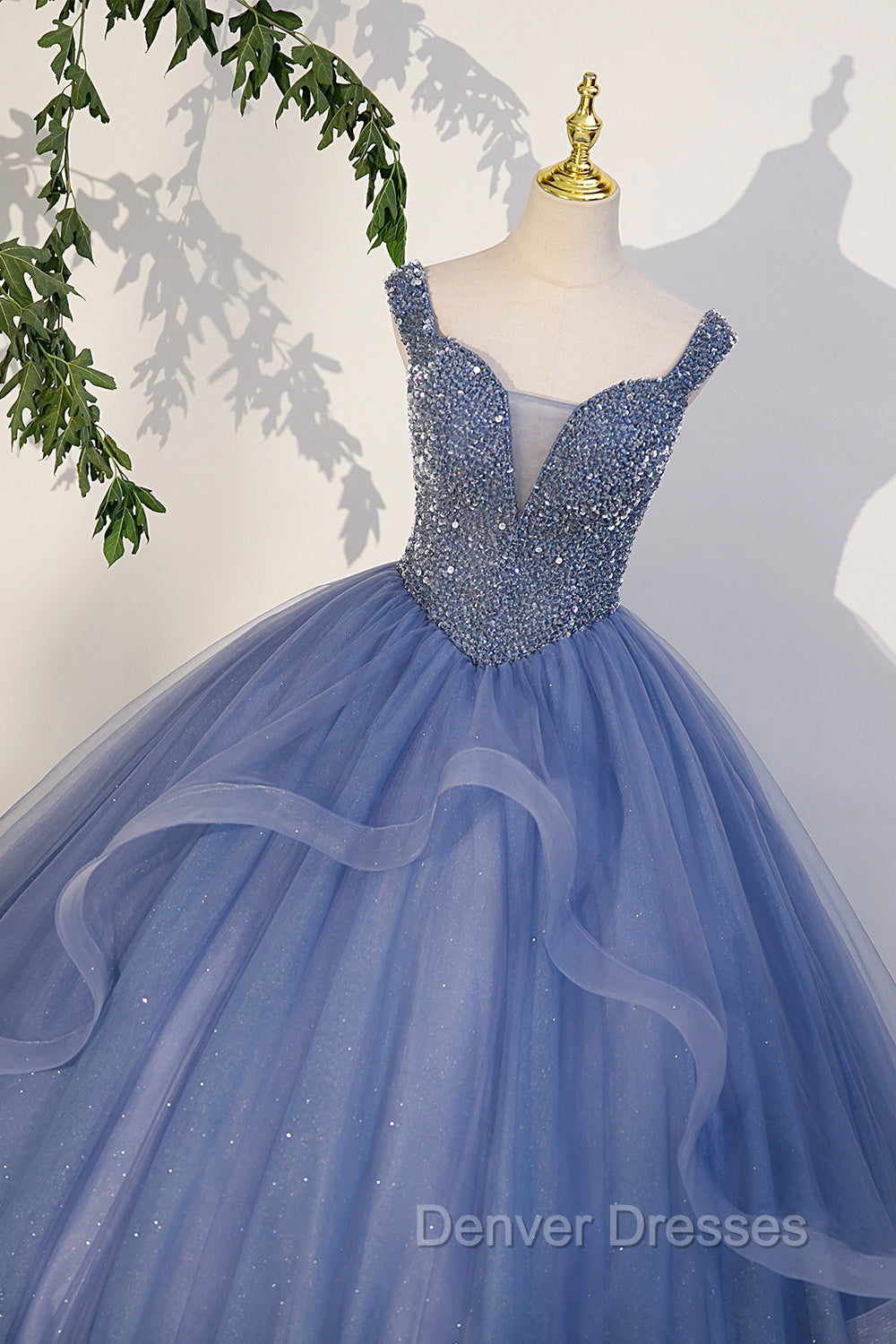 Blue Beaded Tulle Long A-Line Prom Dress, Blue Formal Dress