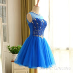 Blue Beaded Tulle Short Cute Homecoming Dress, Blue Short Party Dress Prom Dress