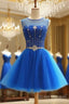 Blue Beaded Tulle Short Cute Homecoming Dress, Blue Short Party Dress Prom Dress