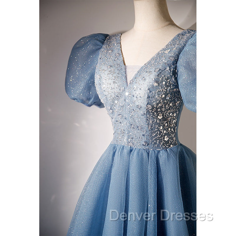 Blue Beaded Tulle Short Sleeves Formal Dress, Blue Homecoming Dress Prom Dress Secondary image