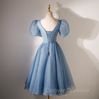Blue Beaded Tulle Short Sleeves Formal Dress, Blue Homecoming Dress Prom Dress