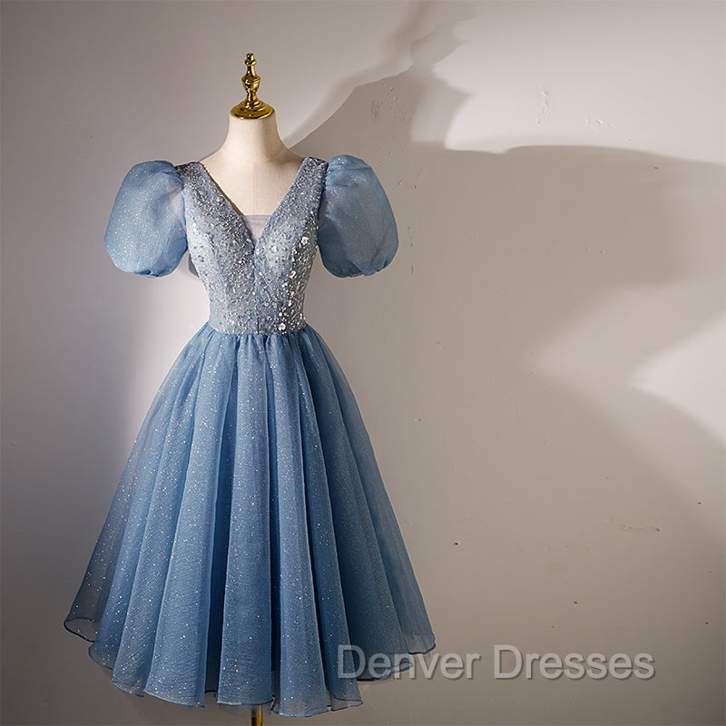 Blue Beaded Tulle Short Sleeves Formal Dress, Blue Homecoming Dress Prom Dress
