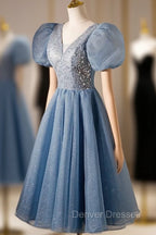 Blue Beaded Tulle Short Sleeves Formal Dress, Blue Homecoming Dress Prom Dress