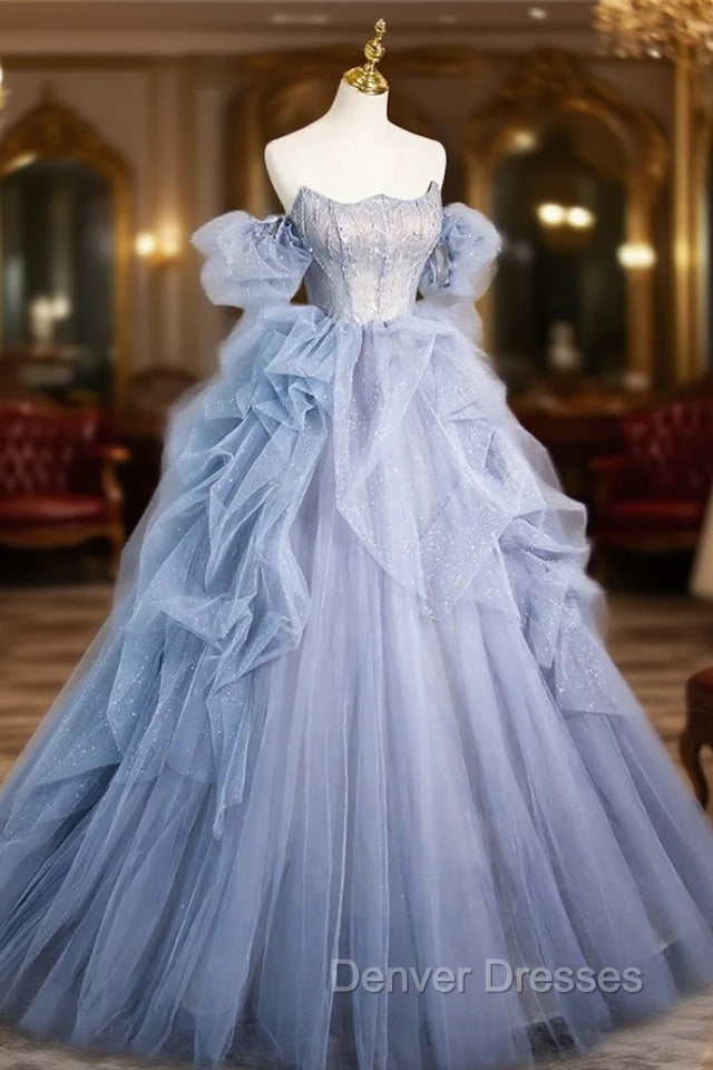 Blue Cascading Ruffles Long Prom Dress, A-Line Strapless Short Sleeve Sweep Train Evening Dress Secondary image
