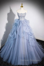 Blue Cascading Ruffles Long Prom Dress, A-Line Strapless Short Sleeve Sweep Train Evening Dress