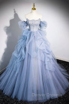 Blue Cascading Ruffles Long Prom Dress, A-Line Strapless Short Sleeve Sweep Train Evening Dress