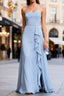 Blue Chiffon A Line Long Bridesmaid Dress with Ruffles