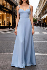 Blue Chiffon A Line Long Bridesmaid Dress