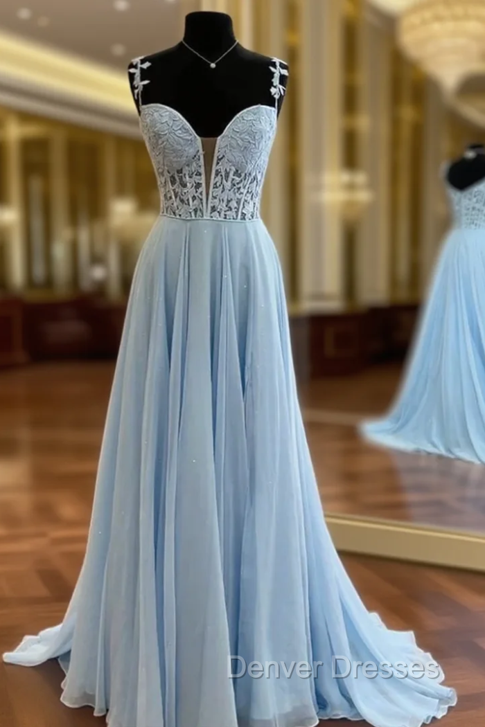 Blue Chiffon Appliques Straps Prom Dress Main image