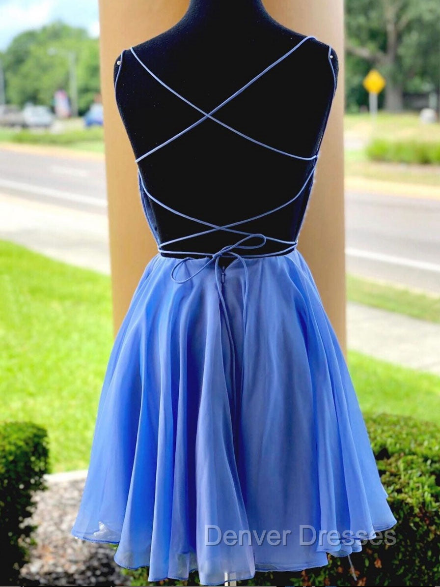 Blue Chiffon Beads Backless Short Prom Dress, Blue Homecoming Dress Secondary image