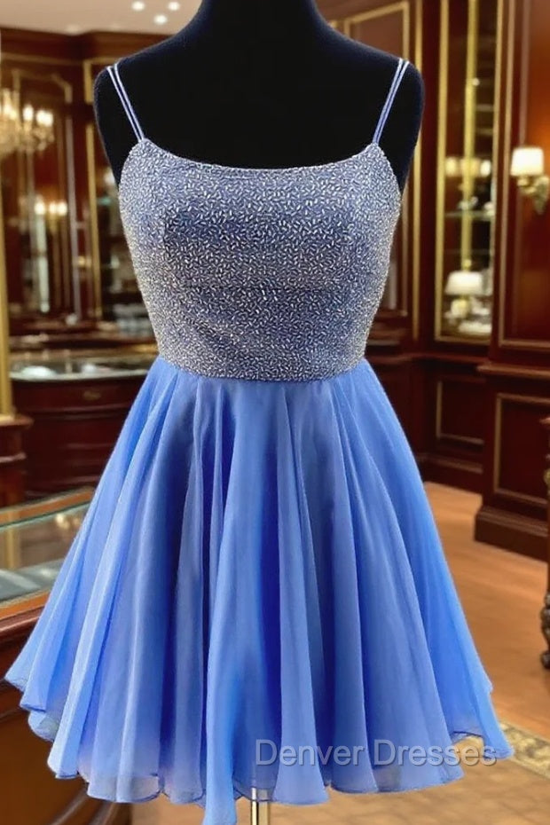 Blue Chiffon Beads Backless Short Prom Dress, Blue Homecoming Dress Main image