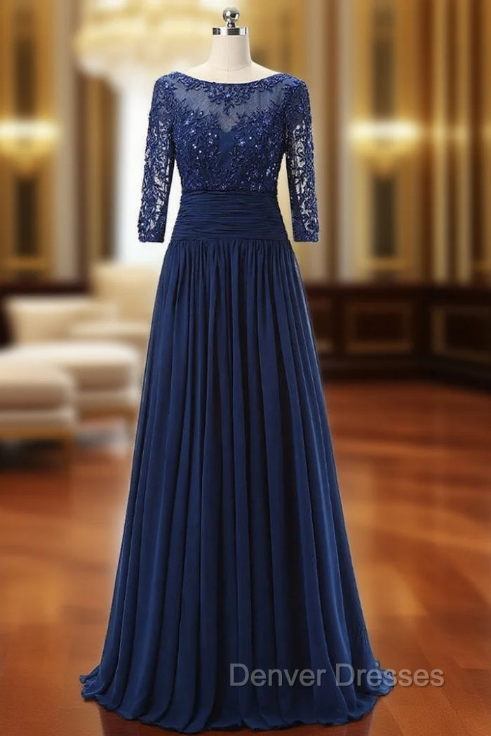 Blue Chiffon Scoop Neck Lace Short Sleeve Mother Of The Bride Dress Main image