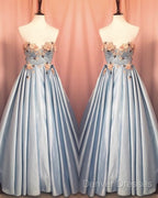 Blue Corset Long Satin Dress With 3D Flowers
