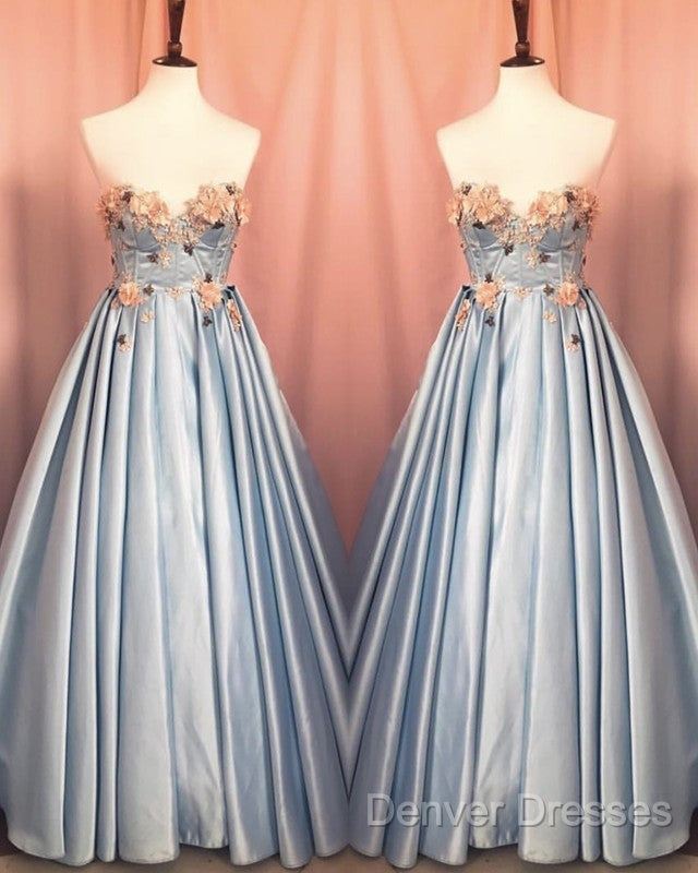 Blue Corset Long Satin Dress With 3D Flowers