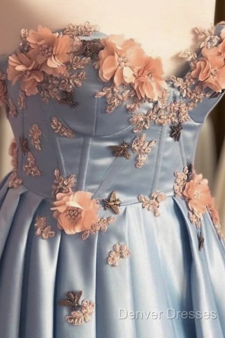 Blue Corset Long Satin Dress With 3D Flowers Main image