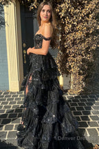 Blue Corset Tiered Lace Prom Dress with Slit