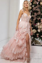 Blue Corset Tiered Lace Prom Dress with Slit