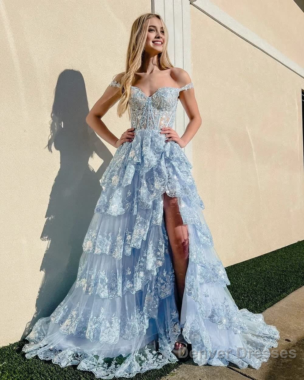 Blue Crystal Sequins Princess A Line Off the Shoulder Prom Dress with Lace Ruffles Main image