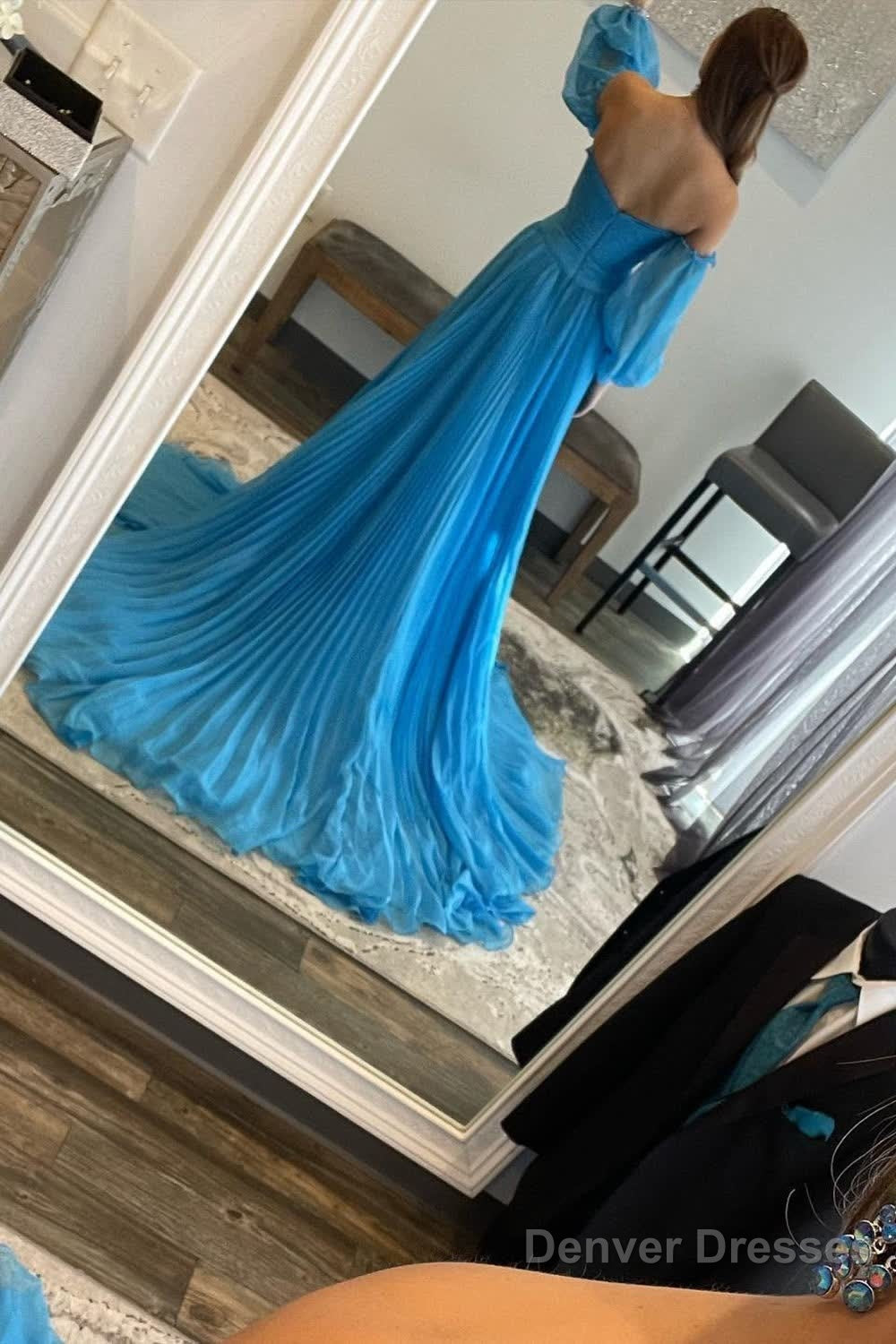 Blue Detachable Sleeves Cut-Out Long Prom Dress with Beading Secondary image