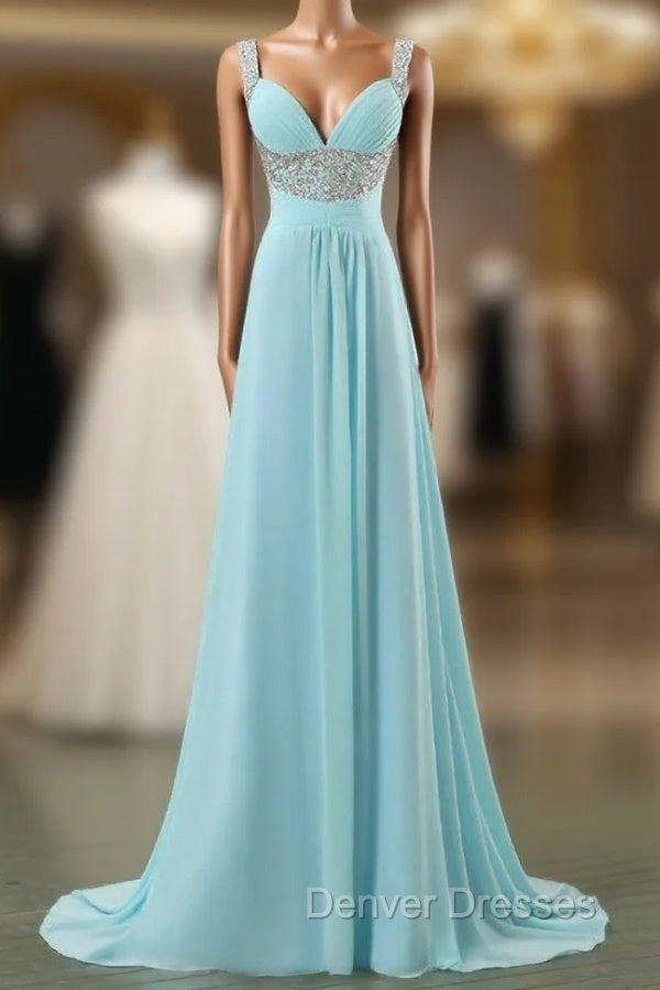 Blue Empire Spaghetti Straps Chiffon Backless Long Prom Dress