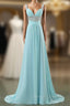 Blue Empire Spaghetti Straps Chiffon Backless Long Prom Dress
