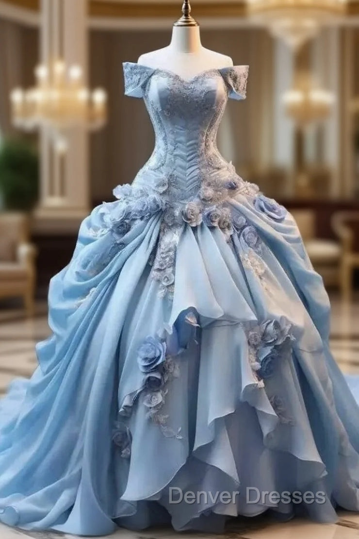 Blue Fairy 3D Floral Prom Dress Bustle Ruched Sweet 16 Ball Gown Quinceanera Dress