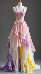 Blue Fairytale A-Line Hi-Lo Prom Dress For Masquerade Tulle&Lace Applique Spaghetti Strap Evening Dress